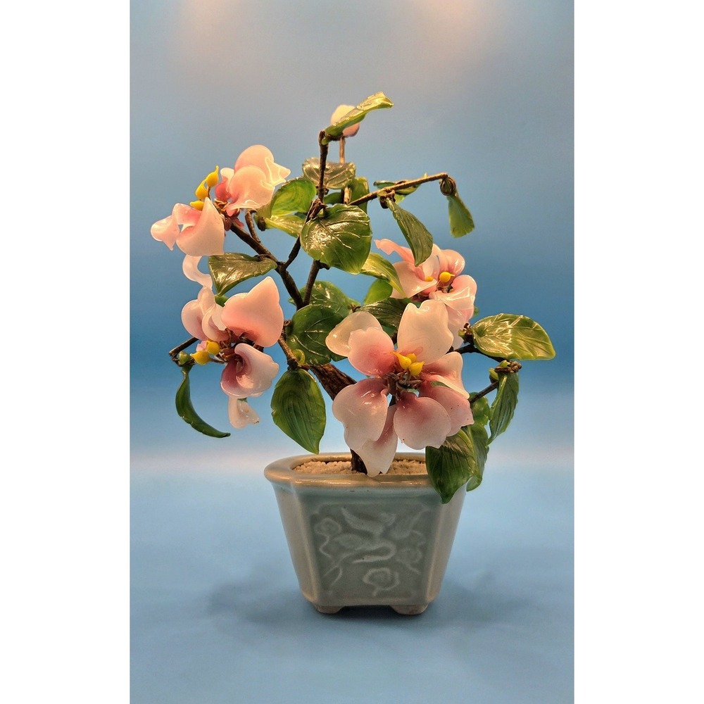 Vintage Asian Glass Bonsai Tree Jade Cherry Blossoms In Celadon Pot Mid Century